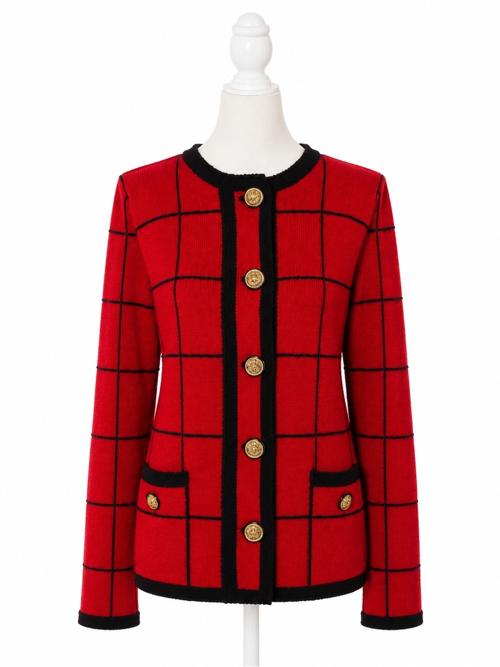 Vintage 80s Vera Porter Old Money Red Black Windowpane Knit Cardigan Jacket M